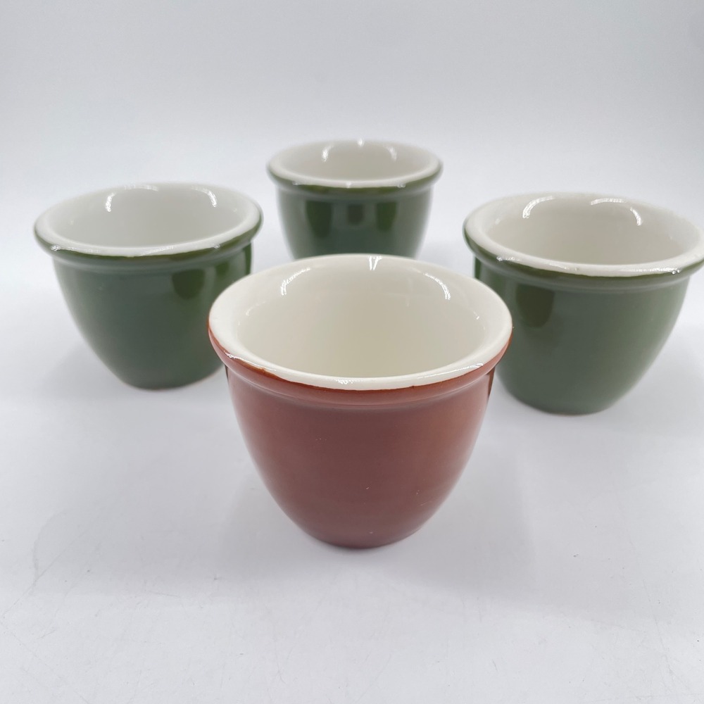 Hall China Vintage Custard Cups Ramekins Set of 4 Green Brown USA Stoneware